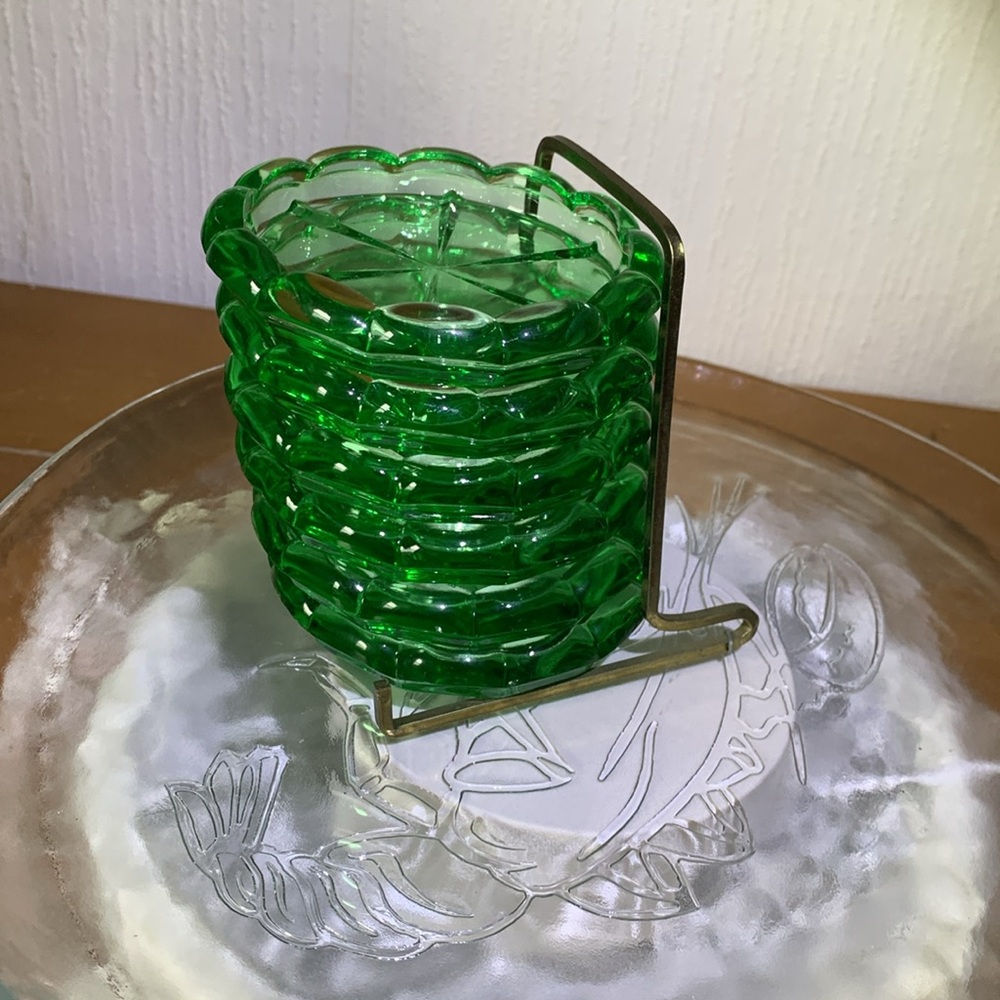Hazel-Atlas Green Coasters with Rayed Center Vintage set of 6 - PRETTY & RARE - Picture 6 of 8
